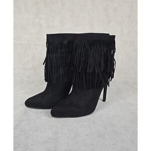 HerStyle Womens Size 9 Black Suede Fringe Stiletto Heel Boots Zip Closure NEW